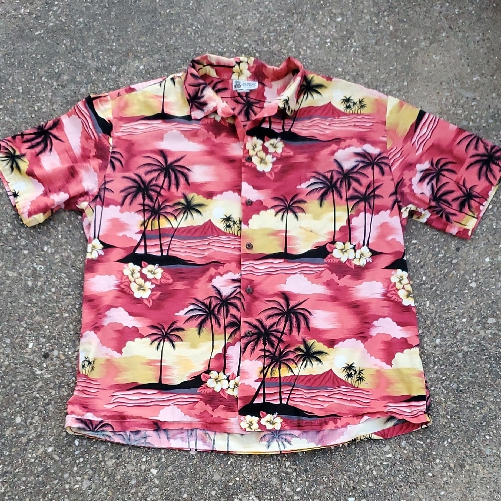 Aloha Republic Hawaiian Shirt Tropical Palms Hibiscus Shirt 2XL Made in Hawaii